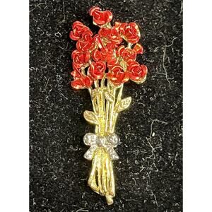 Vintage 2” Red Roses Sculpted Pin Brooch Gold Tone with Silver Toned Bow